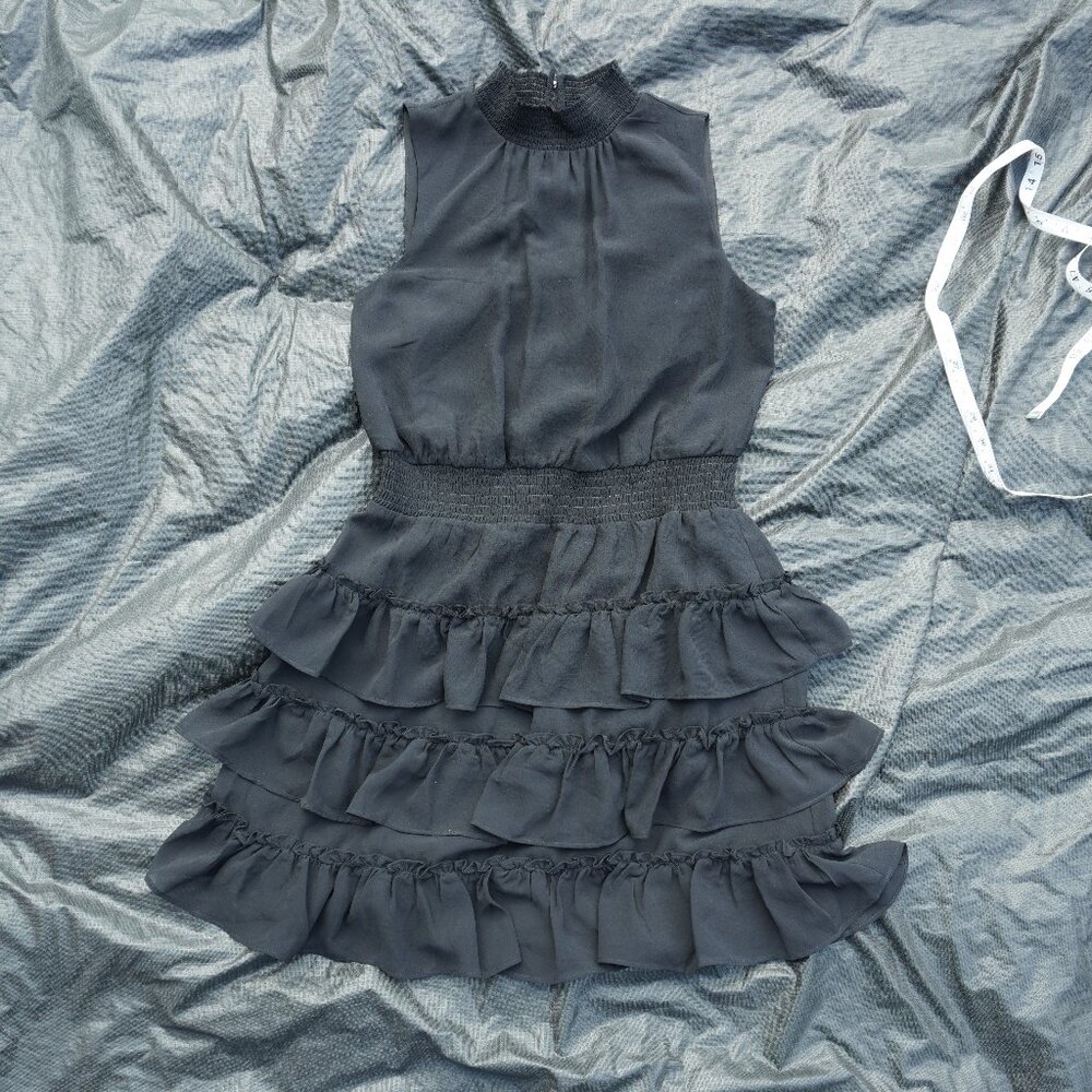 S Women's Black Sleeveless Mock-Neck Ruffle-Skirt Mini Dress